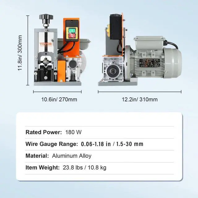 Alt view image 8 of 8 - VEVOR Automatic Wire Stripping Machine, 0.06''-0.98'' Electric Motorized Cable Stripper, 180 W, 60 ft/min Wire Peeler with Visible Stripping Depth Reference, for Scrap Copper Recycling