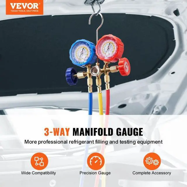 Alt view image 3 of 8 - VEVOR AC Gauge Set - 3 Way AC Manifold Gauge Set for R134A R22 R12 R410A Refrigerant, Freon Gauges with 5ft Hoses, Couplers, Can Tap Works on Car Auto Freon Charging and Evacuation