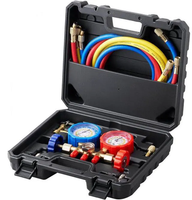 Alt view image 2 of 8 - VEVOR AC Gauge Set - 3 Way AC Manifold Gauge Set for R134A R22 R12 R410A Refrigerant, Freon Gauges with 5ft Hoses, Couplers, Can Tap Works on Car Auto Freon Charging and Evacuation