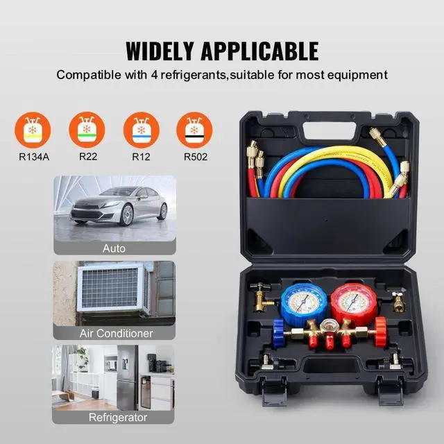 Alt view image 4 of 8 - VEVOR AC Gauge Set - 3 Way AC Manifold Gauge Set for R134A R22 R12 R410A Refrigerant, Freon Gauges with 5ft Hoses, Couplers, Can Tap Works on Car Auto Freon Charging and Evacuation