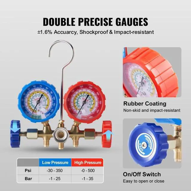 Alt view image 6 of 8 - VEVOR AC Gauge Set - 3 Way AC Manifold Gauge Set for R134A R22 R12 R410A Refrigerant, Freon Gauges with 5ft Hoses, Couplers, Can Tap Works on Car Auto Freon Charging and Evacuation