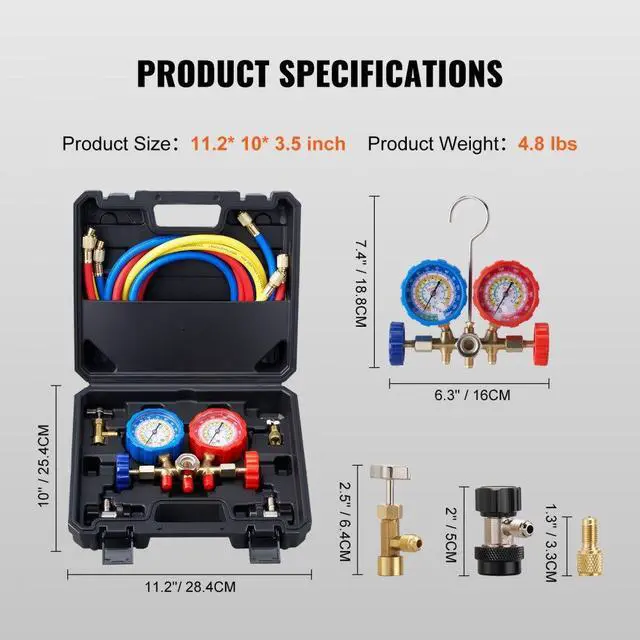 Alt view image 8 of 8 - VEVOR AC Gauge Set - 3 Way AC Manifold Gauge Set for R134A R22 R12 R410A Refrigerant, Freon Gauges with 5ft Hoses, Couplers, Can Tap Works on Car Auto Freon Charging and Evacuation