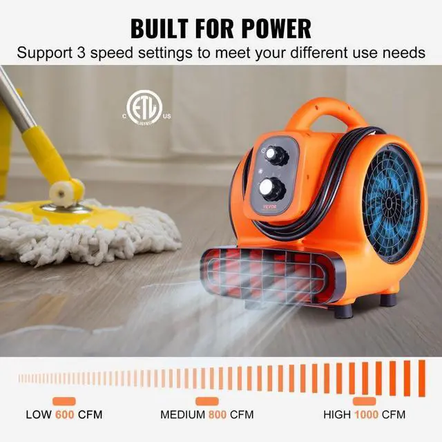 Alt view image 4 of 11 - VEVOR Floor Blower, 1/4 HP, 1000 CFM Air Mover for Drying and Cooling, Portable Carpet Dryer Fan with 4 Blowing Angles and Time Function, for Janitorial, Home, Commercial, Industrail Use, ETL Listed