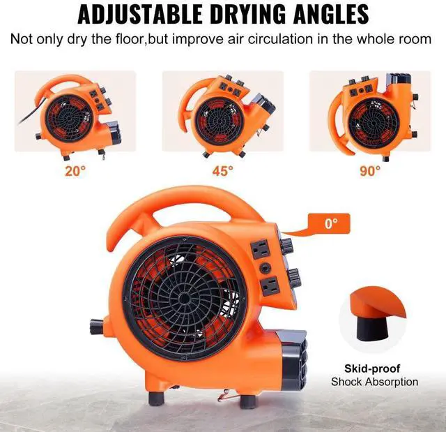 Alt view image 5 of 11 - VEVOR Floor Blower, 1/4 HP, 1000 CFM Air Mover for Drying and Cooling, Portable Carpet Dryer Fan with 4 Blowing Angles and Time Function, for Janitorial, Home, Commercial, Industrail Use, ETL Listed