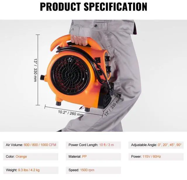 Alt view image 8 of 11 - VEVOR Floor Blower, 1/4 HP, 1000 CFM Air Mover for Drying and Cooling, Portable Carpet Dryer Fan with 4 Blowing Angles and Time Function, for Janitorial, Home, Commercial, Industrail Use, ETL Listed