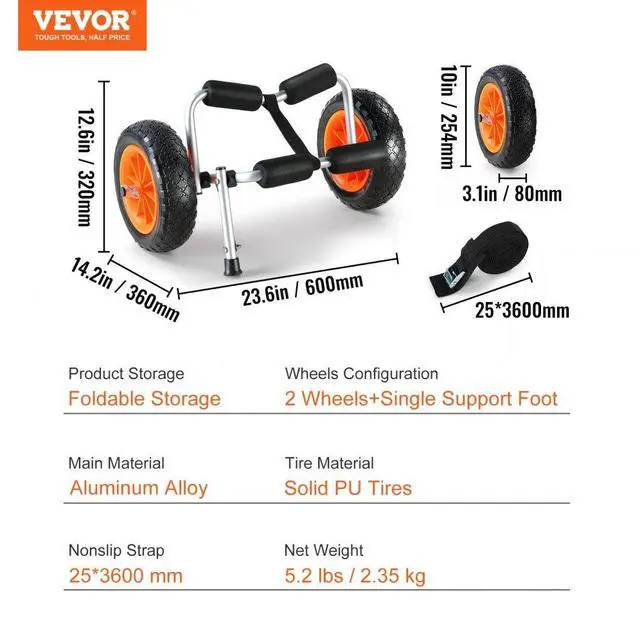 Alt view image 8 of 8 - VEVOR Heavy Duty Kayak Cart, 250lbs Load Capacity, Foldable Canoe Trolley Cart with 10'' Solid Tires, Nonslip Support Foot & Tie-Down Strap, for Kayaks Canoes Paddleboards Float Mats Jon Boats