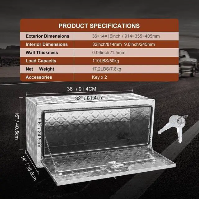 Alt view image 8 of 8 - VEVOR Underbody Truck Box, 36"14"16" Pickup Storage Box, Heavy Duty Aluminum Diamond Plate Tool Box with Lock and Keys, Waterproof Trailer Storage Box with T-Handle Latch for Truck, Van, Trailer