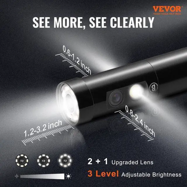 Alt view image 3 of 15 - VEVOR Triple Lens Industrial Endoscope, 5" IPS Screen Borescope Inspection Camera with Lights, Split Screen, 8x Zoom, IP67 Waterproof Drain Snake Camera for Auto, Plumbing(16.5FT Cable, 32GB Card)