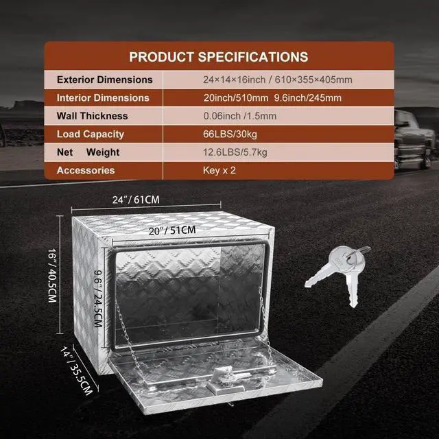 Alt view image 8 of 8 - VEVOR Underbody Truck Box, 24"14"16" Pickup Storage Box, Heavy Duty Aluminum Diamond Plate Tool Box with Lock and Keys, Waterproof Trailer Storage Box with T-Handle Latch for Truck, Van, Trailer