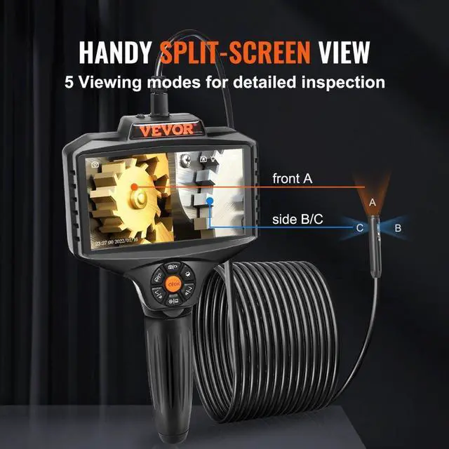 Alt view image 4 of 15 - VEVOR Triple Lens Industrial Endoscope, 5" IPS Screen Borescope Inspection Camera with Lights, Split Screen, 8x Zoom, IP67 Waterproof Drain Snake Camera for Auto, Plumbing(16.5FT Cable, 32GB Card)