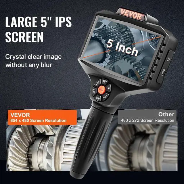 Alt view image 6 of 15 - VEVOR Triple Lens Industrial Endoscope, 5" IPS Screen Borescope Inspection Camera with Lights, Split Screen, 8x Zoom, IP67 Waterproof Drain Snake Camera for Auto, Plumbing(16.5FT Cable, 32GB Card)