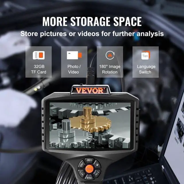 Alt view image 7 of 15 - VEVOR Triple Lens Industrial Endoscope, 5" IPS Screen Borescope Inspection Camera with Lights, Split Screen, 8x Zoom, IP67 Waterproof Drain Snake Camera for Auto, Plumbing(16.5FT Cable, 32GB Card)