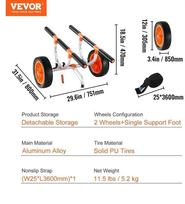 Alt view image 8 of 8 - VEVOR Heavy Duty Kayak Cart, 450lbs Load Capacity, Detachable Canoe Trolley Cart with 12'' Solid Tires, Adjustable Width & Nonslip Support Foot, for Kayaks Canoes Paddleboards Float Mats Jon Boats