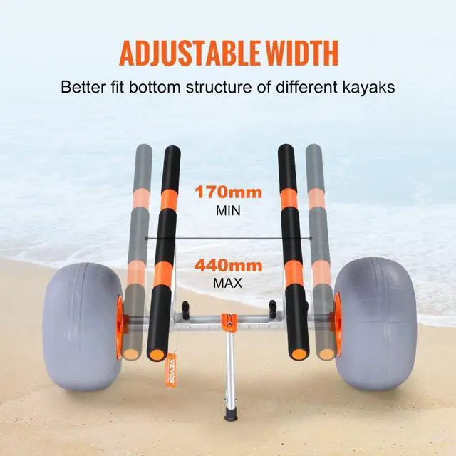 Alt view image 6 of 8 - VEVOR Heavy Duty Kayak Cart, 350lbs Load Capacity, Foldable Canoe Trolley Cart with 12'' Tires, Adjustable Carrier Width & Nonslip Support Foot, for Kayaks Canoes Paddleboards Float Mats Jon Boats