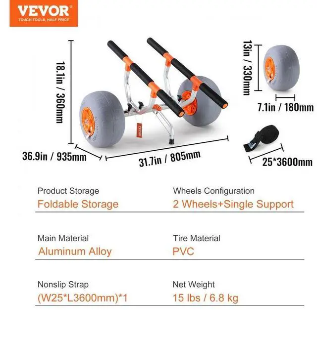 Alt view image 8 of 8 - VEVOR Heavy Duty Kayak Cart, 350lbs Load Capacity, Foldable Canoe Trolley Cart with 12'' Tires, Adjustable Carrier Width & Nonslip Support Foot, for Kayaks Canoes Paddleboards Float Mats Jon Boats