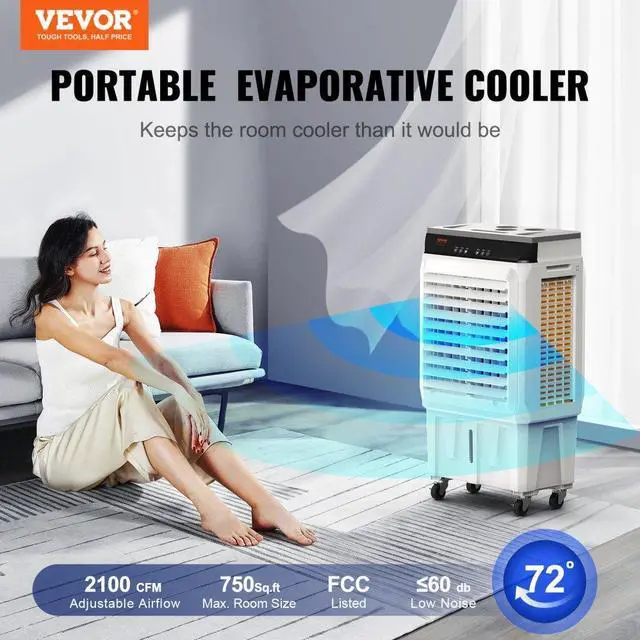 Alt view image 3 of 18 - VEVOR Evaporative Air Cooler, 2100 CFM, 135 Oscillating Swamp Cooler with Adjustable 3 Speeds and 12 H Timer, 7 Gal Portable Air Cooler for 750 Sq.ft, Indoor/Outdoor Use, FCC Listed