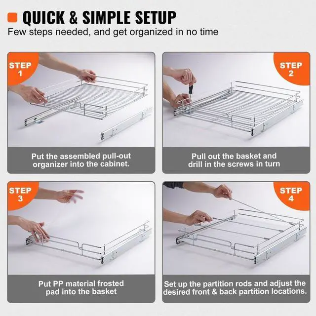 Alt view image 6 of 8 - VEVOR 14"W x 21"D Pull Out Cabinet Organizer, Heavy Duty Slide Out Pantry Shelves, Chrome-Plated Steel Roll Out Drawers, Sliding Drawer Storage for Home, Inside Kitchen Cabinet, Bathroom, Under Sink