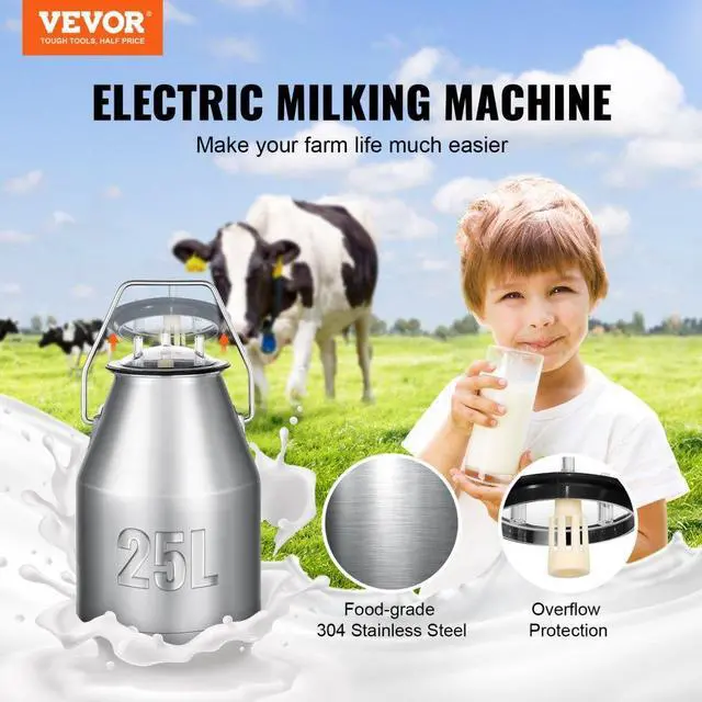 Alt view image 3 of 15 - VEVOR Electric Cow Milking Machine, 6.6 Gal / 25 L 304 Stainless Steel Bucket, Automatic Pulsation Vacuum Milker, Portable Milker with Food-grade Silicone Cups and Tubes, Adjustable Pressure