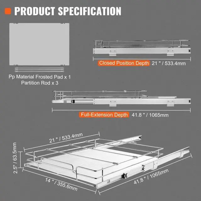Alt view image 8 of 8 - VEVOR 14"W x 21"D Pull Out Cabinet Organizer, Heavy Duty Slide Out Pantry Shelves, Chrome-Plated Steel Roll Out Drawers, Sliding Drawer Storage for Home, Inside Kitchen Cabinet, Bathroom, Under Sink