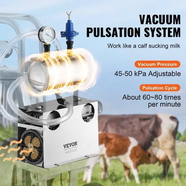 Alt view image 4 of 15 - VEVOR Electric Cow Milking Machine, 6.6 Gal / 25 L 304 Stainless Steel Bucket, Automatic Pulsation Vacuum Milker, Portable Milker with Food-grade Silicone Cups and Tubes, Adjustable Pressure