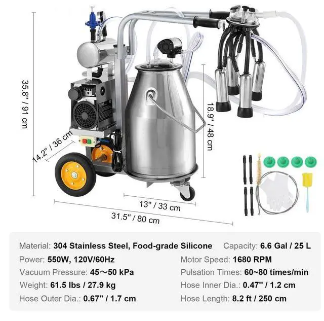 Alt view image 8 of 15 - VEVOR Electric Cow Milking Machine, 6.6 Gal / 25 L 304 Stainless Steel Bucket, Automatic Pulsation Vacuum Milker, Portable Milker with Food-grade Silicone Cups and Tubes, Adjustable Pressure