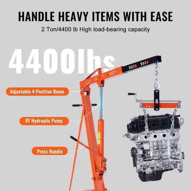 Alt view image 4 of 8 - VEVOR Hydraulic Engine Hoist with Lever, 2 Ton/4400 LBS Heavy-duty Cherry Picker Shop Crane, Foldable Engine Crane and Engine Hoist leveler for Auto Repair, Motors, Weights Lifting, Loading