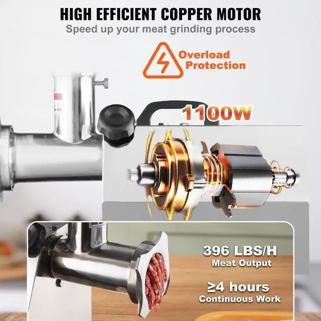 Alt view image 4 of 8 - VEVOR Electric Meat Grinder, 794 Lb/H Capacity, 1100W (4600W MAX) Industrial Meat Mincer with 2 Blade, 3 Grinding Plates, Sausage Tubes 304 Stainless Steel Commercial Meat Grinder, ETL Listed