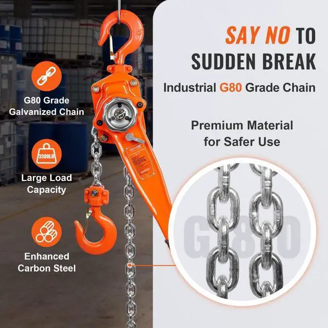 Alt view image 5 of 8 - VEVOR Manual Lever Chain Hoist, 1-1/2 Ton 3300 lbs Capacity 10 FT Come Along, G80 Galvanized Carbon Steel with Weston Double-Pawl Brake,Auto Chain Leading & 360 Rotation Hook, for Garage Factory Dock