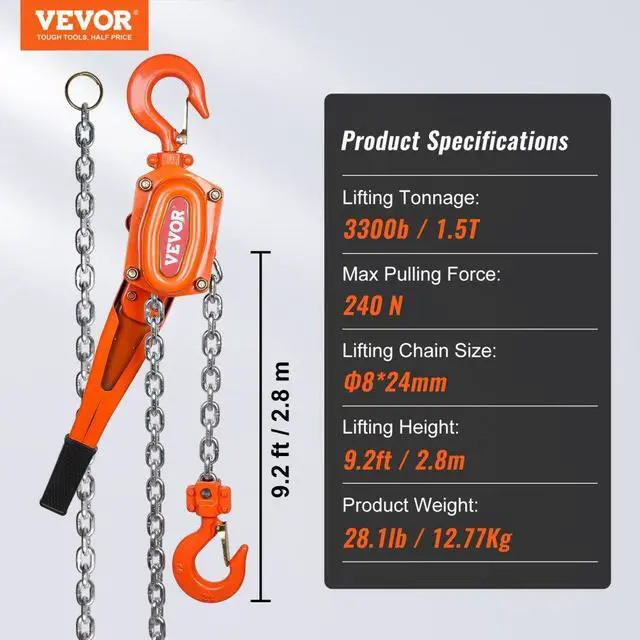 Alt view image 8 of 8 - VEVOR Manual Lever Chain Hoist, 1-1/2 Ton 3300 lbs Capacity 10 FT Come Along, G80 Galvanized Carbon Steel with Weston Double-Pawl Brake,Auto Chain Leading & 360 Rotation Hook, for Garage Factory Dock