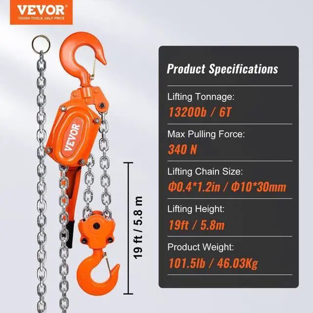 Alt view image 8 of 8 - VEVOR Manual Lever Chain Hoist, 6 Ton 13200 lbs Capacity 20 FT Come Along, G80 Galvanized Carbon Steel with Weston Double-Pawl Brake, Auto Chain Leading & 360 Rotation Hook, for Garage Factory Dock