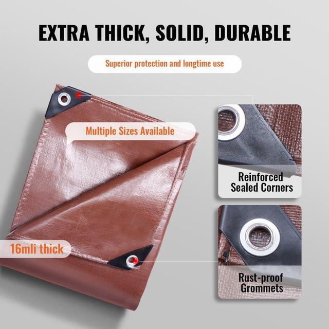 Alt view image 4 of 8 - VEVOR Heavy Duty Tarp, 20x40 ft 16 Mil Extra Thick, Waterproof Poly Plastic Tarps Cover, Multi-Purpose Outdoor Tarpaulin with Grommets & Reinforced Edges for Truck, RV, Boat, Camping (Brown)