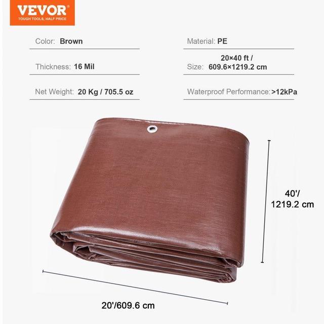 Alt view image 8 of 8 - VEVOR Heavy Duty Tarp, 20x40 ft 16 Mil Extra Thick, Waterproof Poly Plastic Tarps Cover, Multi-Purpose Outdoor Tarpaulin with Grommets & Reinforced Edges for Truck, RV, Boat, Camping (Brown)