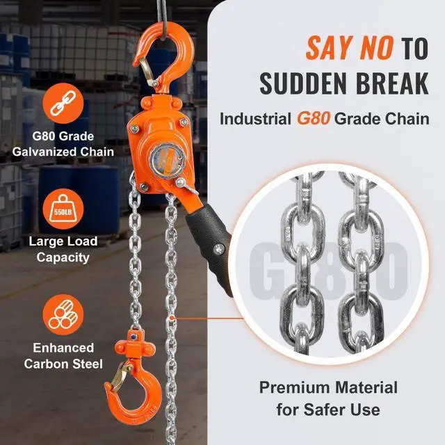 Alt view image 5 of 15 - VEVOR Manual Lever Chain Hoist, 1/4 Ton 550 lbs Capacity 10 FT Come Along, G80 Galvanized Carbon Steel with Weston Double-Pawl Brake, Auto Chain Leading & 360 Rotation Hook, for Garage Factory Dock