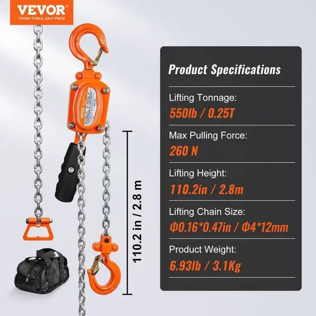 Alt view image 8 of 15 - VEVOR Manual Lever Chain Hoist, 1/4 Ton 550 lbs Capacity 10 FT Come Along, G80 Galvanized Carbon Steel with Weston Double-Pawl Brake, Auto Chain Leading & 360 Rotation Hook, for Garage Factory Dock
