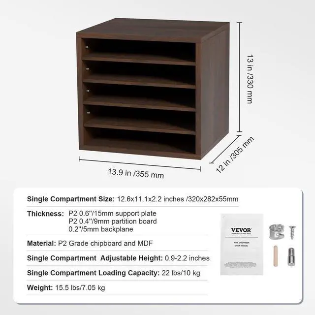 Alt view image 8 of 8 - VEVOR Literature Organizers, 5 Compartments Office Mailbox with Adjustable Shelves, Wood literature sorter 13.9x12x13 inches for Office, Home, Classroom, Mailrooms Organization, EPA Certified, Brown