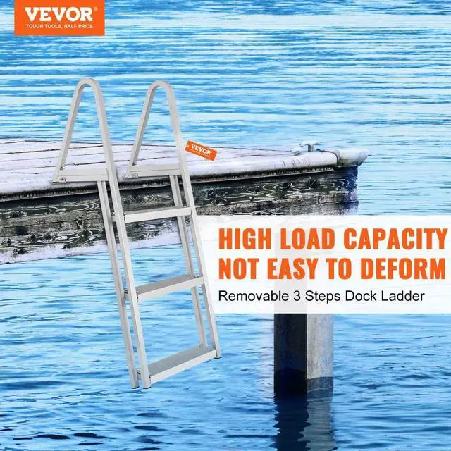 Alt view image 3 of 8 - VEVOR Dock Ladder, Removable 3 Steps, 350 lbs Load Capacity, Aluminum Alloy Pontoon Boat Ladder with 4'' Wide Step & Nonslip Rubber Mat, Easy to Install for Ship/Lake/Pool/Marine Boarding