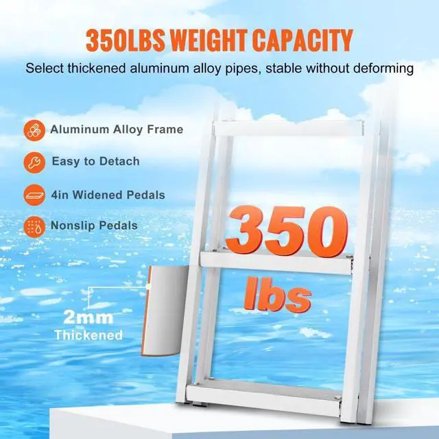 Alt view image 4 of 8 - VEVOR Dock Ladder, Removable 3 Steps, 350 lbs Load Capacity, Aluminum Alloy Pontoon Boat Ladder with 4'' Wide Step & Nonslip Rubber Mat, Easy to Install for Ship/Lake/Pool/Marine Boarding