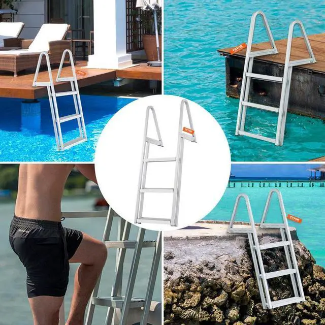 Alt view image 7 of 8 - VEVOR Dock Ladder, Removable 3 Steps, 350 lbs Load Capacity, Aluminum Alloy Pontoon Boat Ladder with 4'' Wide Step & Nonslip Rubber Mat, Easy to Install for Ship/Lake/Pool/Marine Boarding