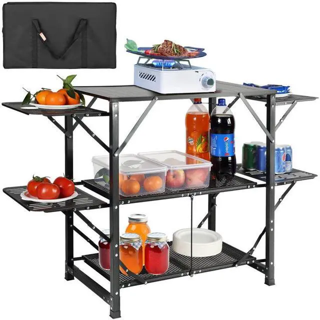 Alt view image 2 of 8 - VEVOR Camping Kitchen Table, One-piece Folding Portable Cook Station with A Carrying Bag, Aluminum Camping Table 4 Iron Side Tables & 2 Shelves, Ideal for Outdoor Picnics, BBQs, Camping, RV Traveling