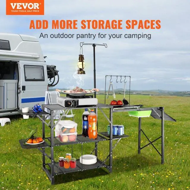 Alt view image 3 of 8 - VEVOR Camping Kitchen Table, One-piece Folding Portable Cook Station with A Carrying Bag, Long Aluminum Camping Table 3 Side Tables, 2 Shelves & A Detachable Sink for Outdoor Picnics, BBQs, Camping