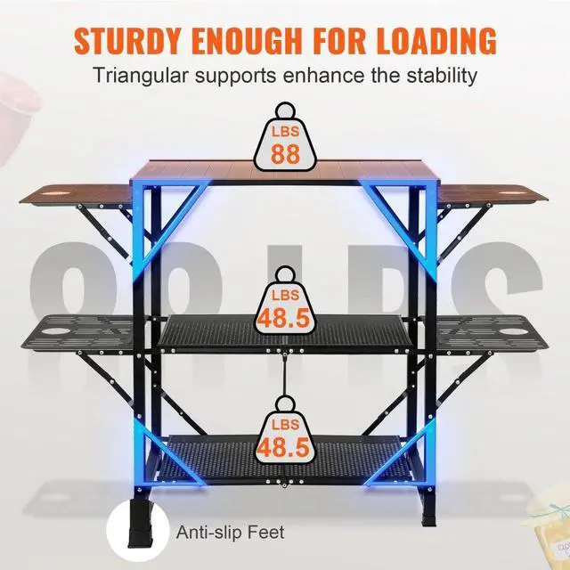 Alt view image 7 of 8 - VEVOR Camping Kitchen Table, One-piece Folding Portable Cook Station with A Carrying Bag, Aluminum Camping Table 4 Iron Side Tables & 2 Shelves, Ideal for Outdoor Picnics, BBQs, Camping, RV Traveling