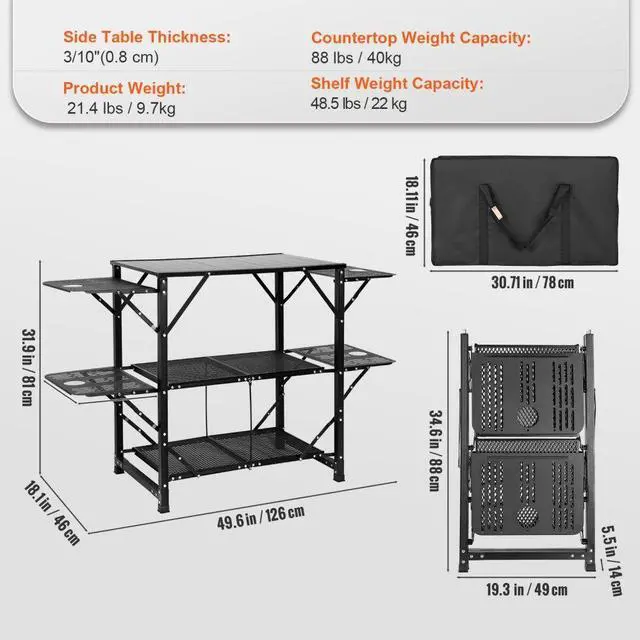 Alt view image 8 of 8 - VEVOR Camping Kitchen Table, One-piece Folding Portable Cook Station with A Carrying Bag, Aluminum Camping Table 4 Iron Side Tables & 2 Shelves, Ideal for Outdoor Picnics, BBQs, Camping, RV Traveling