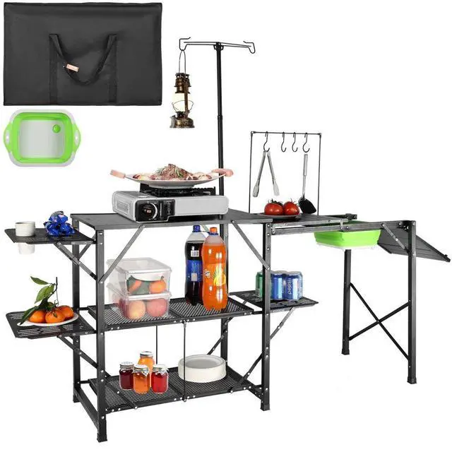 Alt view image 2 of 8 - VEVOR Camping Kitchen Table, One-piece Folding Portable Cook Station with A Carrying Bag, Long Aluminum Camping Table 3 Side Tables, 2 Shelves & A Detachable Sink for Outdoor Picnics, BBQs, Camping