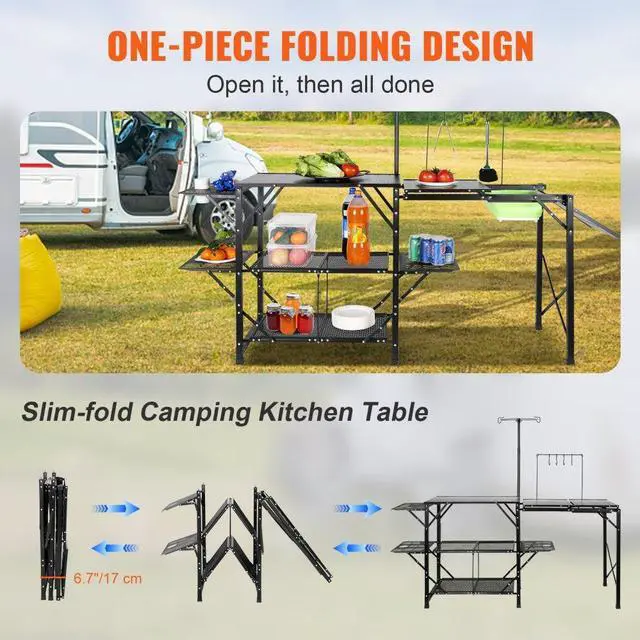 Alt view image 5 of 8 - VEVOR Camping Kitchen Table, One-piece Folding Portable Cook Station with A Carrying Bag, Long Aluminum Camping Table 3 Side Tables, 2 Shelves & A Detachable Sink for Outdoor Picnics, BBQs, Camping