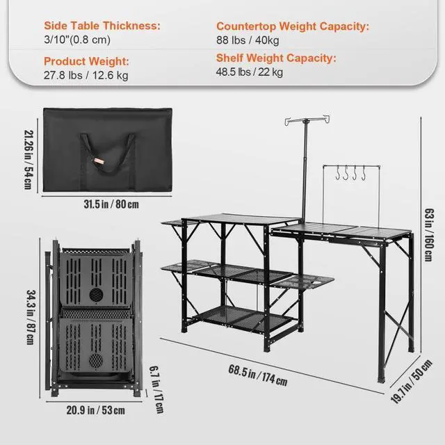 Alt view image 8 of 8 - VEVOR Camping Kitchen Table, One-piece Folding Portable Cook Station with A Carrying Bag, Long Aluminum Camping Table 3 Side Tables, 2 Shelves & A Detachable Sink for Outdoor Picnics, BBQs, Camping