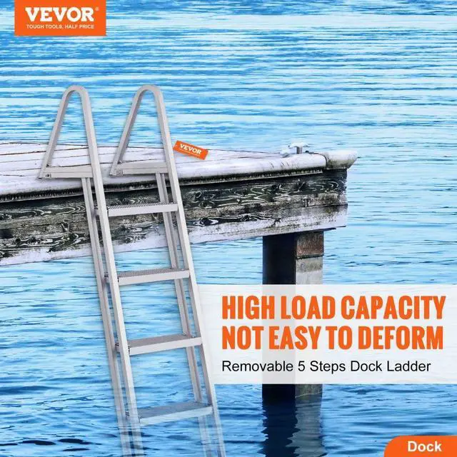 Alt view image 3 of 15 - VEVOR Dock Ladder, Removable 5 Steps, 350 lbs Load Capacity, Aluminum Alloy Pontoon Boat Ladder with 4'' Wide Step & Nonslip Rubber Mat, Easy to Install for Ship/Lake/Pool/Marine Boarding