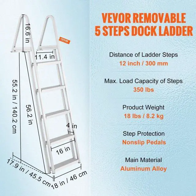Alt view image 8 of 15 - VEVOR Dock Ladder, Removable 5 Steps, 350 lbs Load Capacity, Aluminum Alloy Pontoon Boat Ladder with 4'' Wide Step & Nonslip Rubber Mat, Easy to Install for Ship/Lake/Pool/Marine Boarding