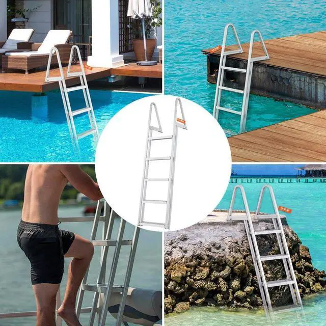Alt view image 7 of 15 - VEVOR Dock Ladder, Removable 5 Steps, 350 lbs Load Capacity, Aluminum Alloy Pontoon Boat Ladder with 4'' Wide Step & Nonslip Rubber Mat, Easy to Install for Ship/Lake/Pool/Marine Boarding