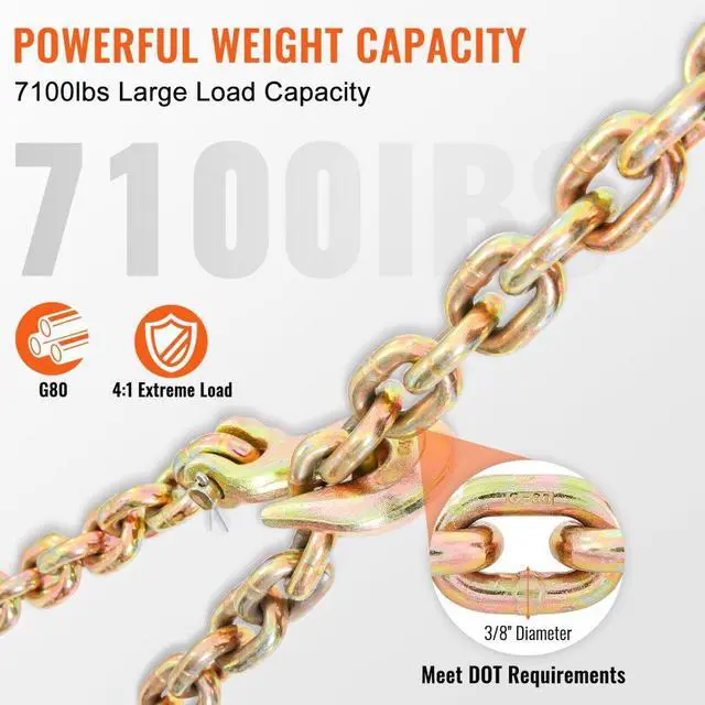 Alt view image 4 of 8 - VEVOR Transport Binder Chain, 7100lbs Working Load Limit, 3/8''x20' G80 Tow Chain Tie Down with Grab Hooks, DOT Certified, Galvanized Coating Manganese Steel for Dock Factory Construction Site, 2 Pack