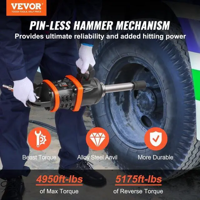 Alt view image 2 of 14 - VEVOR 1 Inch Air Impact Wrench, Up to 5175 ft-lbs Beast Reverse Torque Output Pneumatic Impact Gun w/ 8 Inch Extended Anvil for Repairs and Maintenance of Heavy Duty Machinery / Semi-Truck / Bus